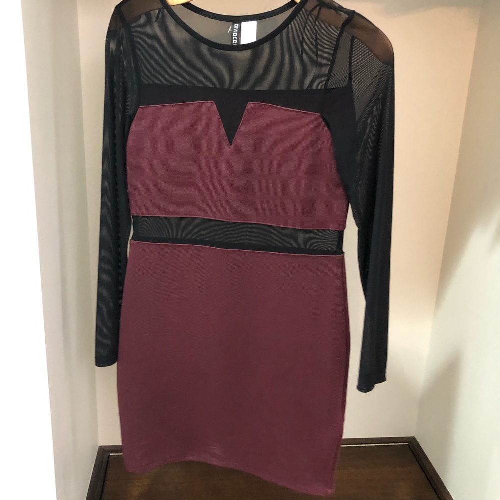 Mesh maroon and black body con dress